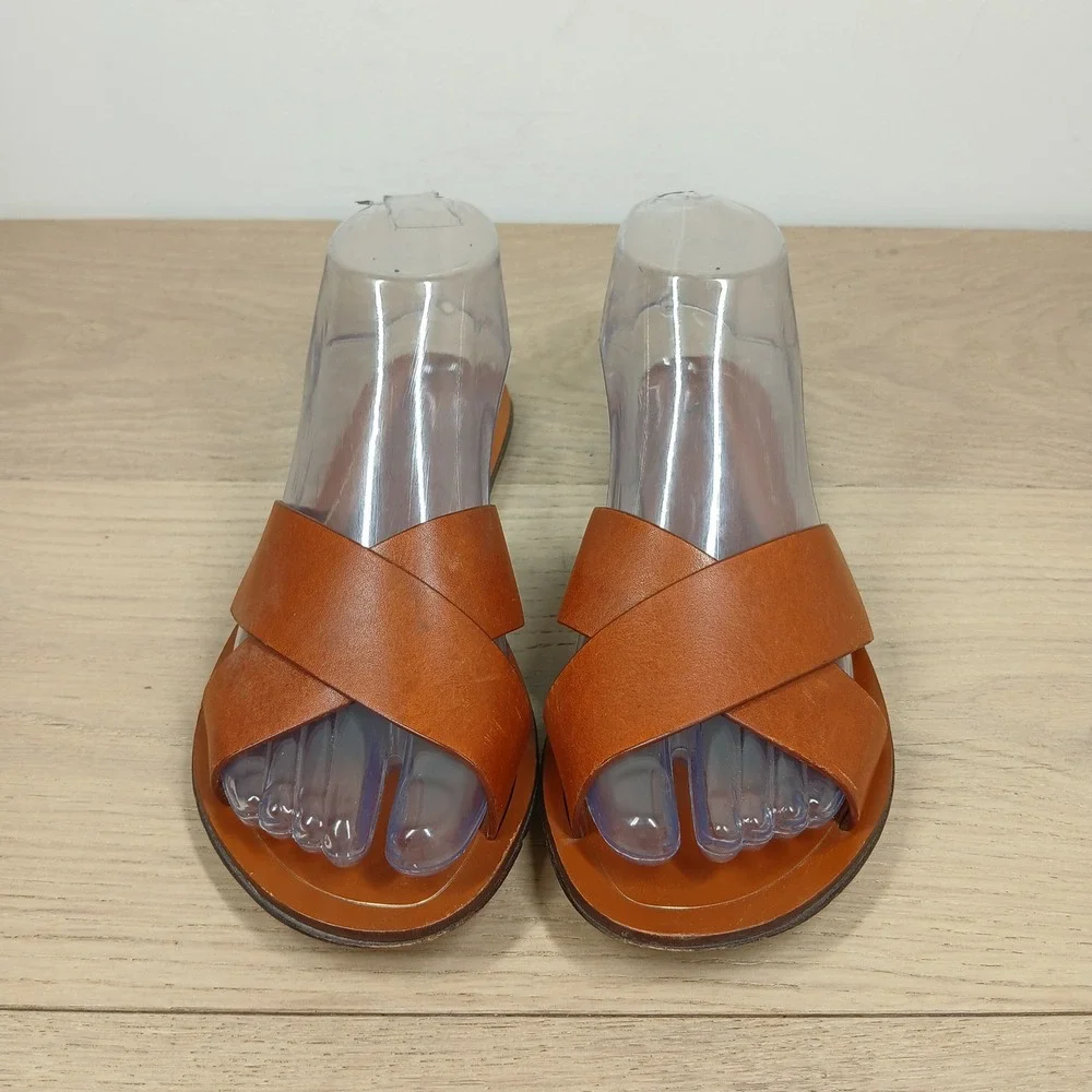 J.Crew Slide Sandals Womens 7 Cognac Brown Leather Crisscross Flat Shoes
